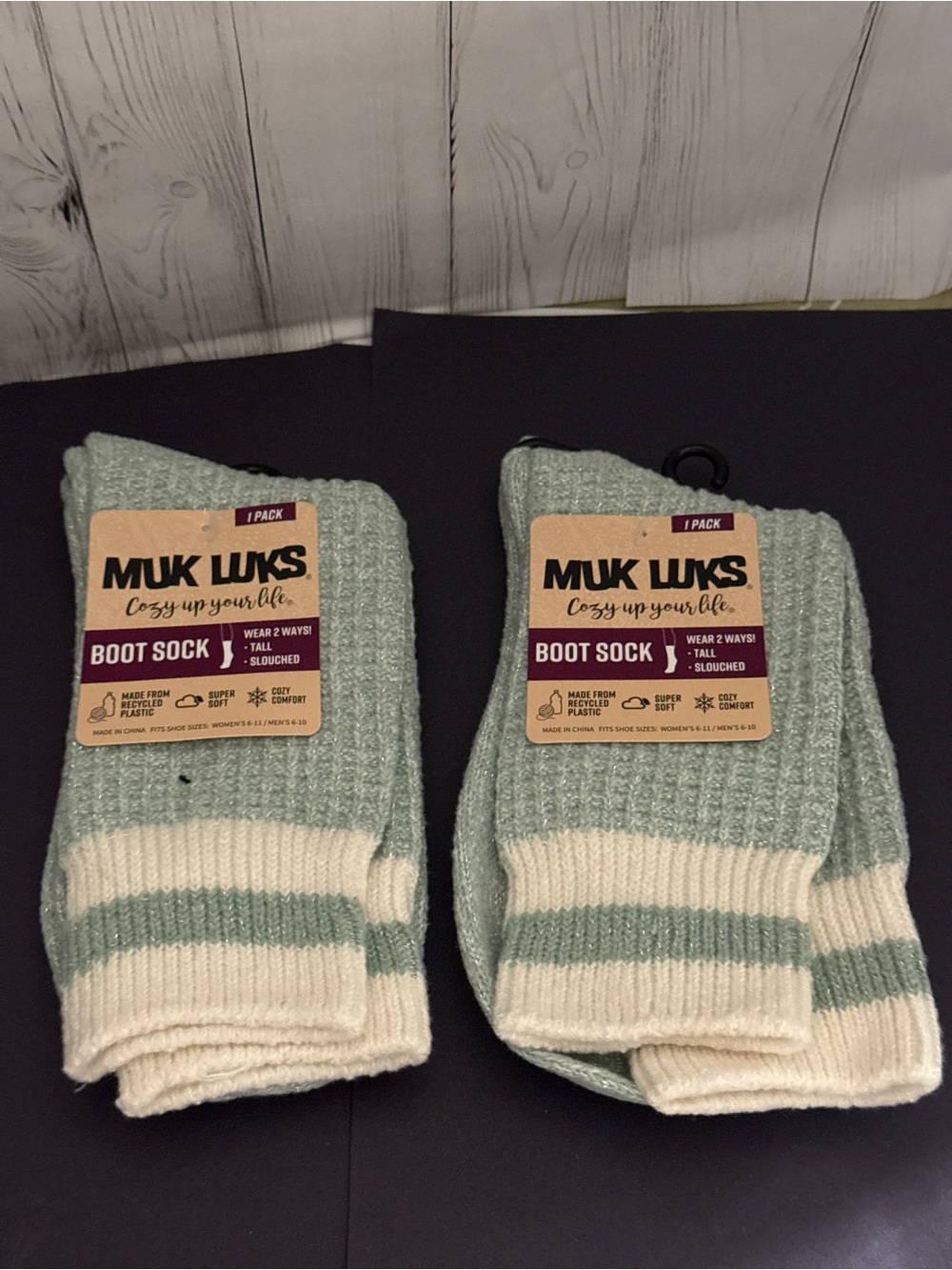 Muk Luks Men’s Boot Socks in Sage Green and Cream - 2 pairs in bundle